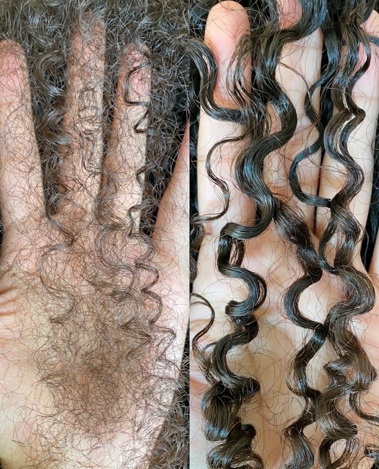 Before and after: a section of curly hair held in a palm, frizzy and undefined on the left and smooth, defined ringlets on the right